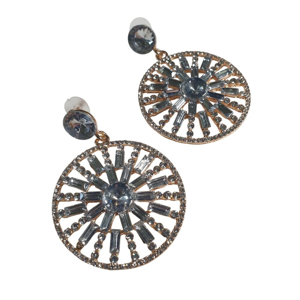 Crystal Sunburst Dangle Earrings Gold Clear Rhinestones Retro Modern Design